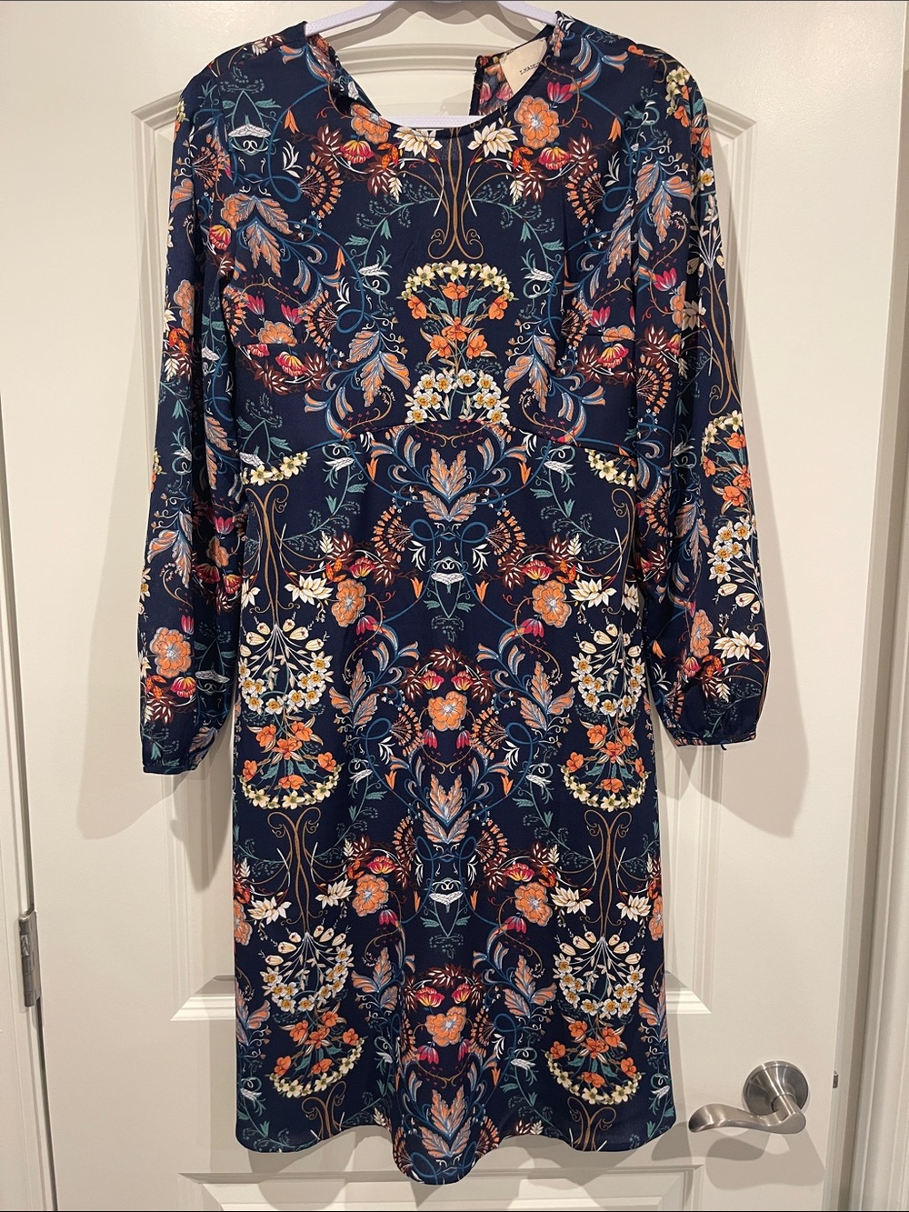 Long-Sleeve Navy Floral Shift Dress
